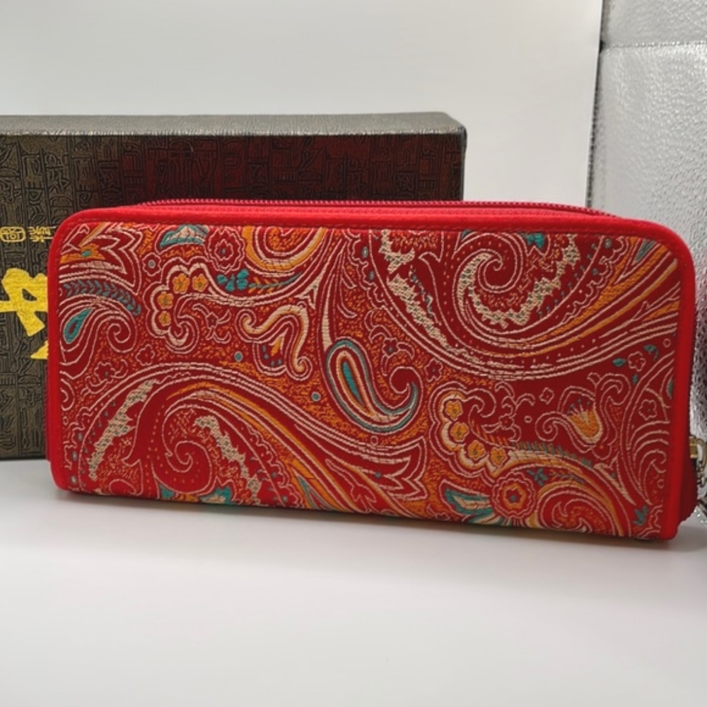 Chinese NIB Red Paisley Print Wallet Wristlet